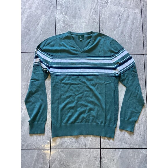 AG Adriano Goldschmied Sweater Mens Medium Green V Neck Stripe Cotton Cashmere - Picture 1 of 6